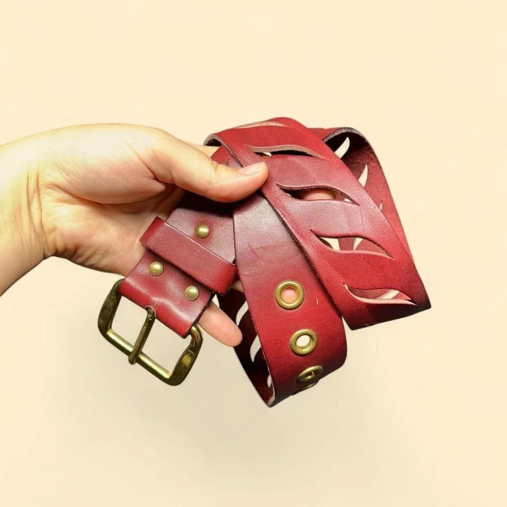 Vintage Leather Statement Belt L Burgundy Red Whimsygoth Cutout Wide Brass